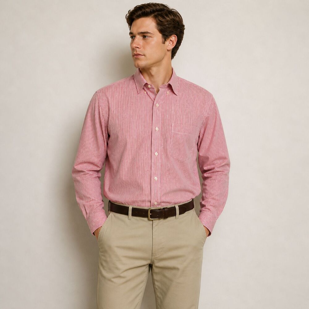 Lands’ End Mens Medium Red Striped Button Up Shirt Long Sleeve Classic‎ Dress